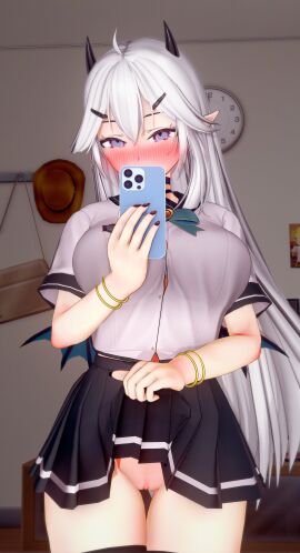 1girls 3d bedroom big_breasts black_nails blush bracelet bracelets breasts collar deluxe_rosie demon demon_girl demon_horns embarrassed female female_only fully_clothed horns indie_virtual_youtuber indoors light-skinned_female light_skin long_hair looking_at_viewer mirror mirror_selfie no_panties phone pointy_ears pussy school_uniform selfie skirt skirt_lift solo solo_female succubus thighhighs thighs veibae virtual_youtuber wings