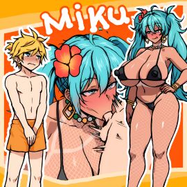 age_difference bikini blush brazil brazilian_female brazilian_miku cyan_eyes cyan_hair dark-skinned_female dark_skin fellatio female femdom fishnets hair_flower hatsune_miku highres interracial interracial_sex kagamine_len latin_american_hatsune_miku_(meme) light-skinned_male light_skin male meme non-web_source seductive_smile shy twintails vocaloid younger_male