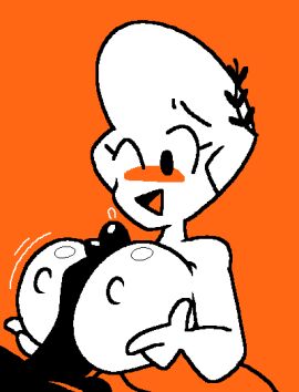 1boy 1girls black_cock breasts breasts_out female jjoyplus little_caesar little_caesars male one_eye_closed orange_background paizuri penis precum titfuck titjob white_body