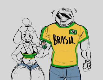 00ketsui 1boy 1girls 2d 2d_(artwork) 2d_artwork animal_crossing anthro big_breasts blush brazil brazilian brazilian_female breasts doom doom_slayer_(doom) female furry grey_background huge_breasts huge_thighs isabelle_(animal_crossing) male meme muscular muscular_male no_sex simple_background tagme thick_legs thick_thighs thighs