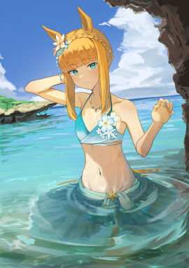 1girls absurd_res absurdres amepa_(ame_pinecandy) animal_ears arm_behind_head armpits bare_arms bare_midriff bare_shoulders bare_skin belly belly_button bikini blonde-haired_female blonde_female blonde_hair blue-eyed_female blue_bikini blue_bikini_top blue_eyes blue_skirt blue_sky blue_swimsuit blue_swimwear braid braided_hair breasts caustics cleavage clouds coast collarbone dot_nose elbows eyebrows_visible_through_hair female female_focus female_only fingernails fingers flower hair_flower hair_ornament hand_behind_head head_tilt high_resolution highres light-skinned_female light_skin long_hair looking_at_viewer naked naked_female navel neck necklace nude nude_female ocean petite petite_body petite_breasts petite_female sea seaside shoulders sidelocks silence_suzuka_(umamusume) skirt sky slender_body slender_waist slim_female slim_waist small_breasts smile smiling solo standing swimsuit swimwear thin_waist tilted_head umamusume upper_body v-line water waves wet wet_body wet_clothes wet_clothing wet_skin