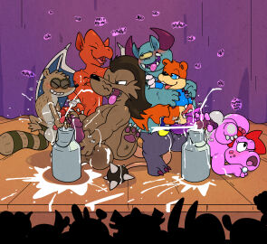 anthro argon_vile balls battletoads being_watched big_balls big_blag birdetta birdo blush bodily_fluids boner bottle bottomless bottomless_male breast_milking breasts cartoon_network clothed clothing competition conker conker's_bad_fur_day container crowd cum cum_in_container cum_on_ground cumshot demon demon's_crest dragon_quest ejaculation english_text erection exhibitionism firebrand furry genital_fluids genitals group group_masturbation handstand hi_res hooper_trooper humanoid_genitalia humanoid_penis lactating looking_at_another male male/male male_only mammal mario_(series) masturbation moan murid murine nintendo nude orgasm penile penile_masturbation penis perching procyonid raccoon rareware rat red_arremer regular_show rigby_(regular_show) ring rodent sciurid sexual_competition sitting square_enix squirrel standing text tree_squirrel wings