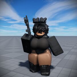 1girls 3d ass baseplate big_ass big_breasts black_clothing black_eyes black_hair boots breasts female fishnets gun military_uniform original_character roblox robloxian self_upload short_hair smg32 tagme tan_skin thigh_highs