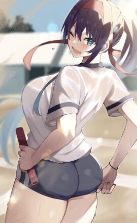 1girls absurd_res ass baton big_breasts black_buruma blue_eyes blurry blurry_background breasts buruma female gym_uniform hair_ribbon heart heart-shaped_pupils hi_res one_eye_closed open_mouth original ponytail purple_hair red_ribbon relay_baton ribbon running_track shirt sky solo sweat symbol-shaped_pupils thighs udon_(udonalium) white_shirt yellow_pupils