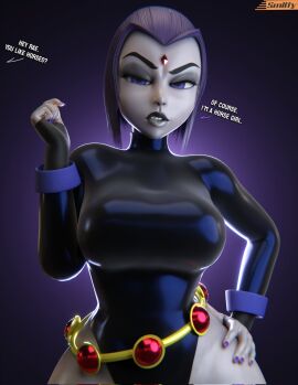 1girls 3d alternate_breast_size big_breasts black_lipstick breasts clothed clothed_female dc dc_comics english_text female female_only full_color fully_clothed goth goth_girl grey_skin grey_skinned_female hand_on_hip hips implied_zoophilia leotard looking_at_viewer male no_penetration offscreen_male purple_eyes purple_hair rachel_roth raven_(dc) short_hair smitty34 solo solo_female talking_to_viewer teen_titans text wide_hips zoophilia