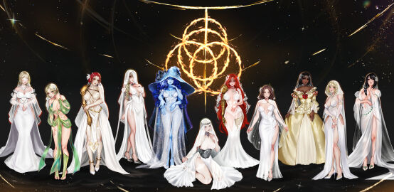 11girls 6+girls absurdres alternate_hairstyle anklet areola_slip arm_under_breasts armor bandai_namco bare_shoulders barefoot black_eyes blonde_hair blue_eyes blue_hair blue_skin blush braid breasts bridal_gauntlets brown_lips center_opening choker circlet cleavage closed_eyes clothing_cutout collarbone colored_skin corset covered_erect_nipples criss-cross_halter curvy dark-skinned_female dark_skin detached_sleeves dress earrings elden_ring female female_only fia_the_deathbed_companion flower from_side fromsoftware full_body gem gold_armor gold_dress gold_trim green_eyes grey_eyes grey_footwear hair hair_ornament hair_over_shoulder halterneck hand_on_own_chest harem hat high_heels hip_vent hyetta_(elden_ring) jewelry juliet_sleeves keeling lace lace-trimmed_thighhighs large_breasts large_hat latenna_the_albinauric leaning_forward light-skinned_female light_skin lineup long_dress long_hair looking_at_viewer malenia_blade_of_miquella medium_hair melina_(elden_ring) merellyne millicent_(elden_ring) mother_and_daughter multiple_females multiple_girls navel navel_cutout nepheli_loux norse one_eye_closed pelvic_curtain prosthetic prosthetic_arm prosthetic_leg queen_marika_the_eternal ranni_the_witch red_hair revealing_clothes roderika_(elden_ring) rya_(elden_ring) see-through see-through_dress see-through_sleeves shaded_face short_hair side_cutout silver_dress single_braid sleeveless sleeveless_dress sorceress_sellen standing stiletto_heels strapless take_your_pick thigh_highs wedding_dress white_thighhighs wholesome wife wife_and_wife witch_hat yellow_eyes