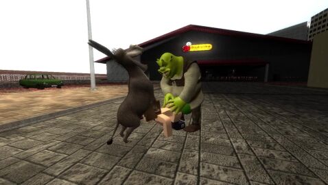 ambiguous_penetration animal_genitalia animal_sounds donkey donkey_(shrek) donkey_ears funny funny_face green_penis green_skin jenny_belle_(slipperyt) minecraft ogre oral sex_through_clothes shrek shrek_(series) tagme threesome video