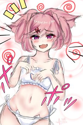 1girls blush blush_lines cat_ears cat_girl cat_lingerie cat_underwear catgirl crunnix doki_doki_literature_club female female_focus female_only heart-shaped_pupils lingerie mouth_open natsuki_(doki_doki_literature_club) navel neko nekomimi open_mouth pink_eyes pink_hair solo solo_female solo_focus