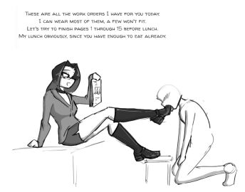 1boy 1girls black_and_white blush blushing_at_partner boot_fetish boot_licking boot_worship bootjob boots celera_prime dominant_female dominatrix english english_text female femdom femdom_caption foot_fetish foot_lick foot_worship footwear gentle_femdom glasses knee_boots kneeling long-haired_female long_hair male male/female monochrome original_character original_characters shoe_fetish shoe_licking skirt submissive_male