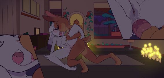 2024 absurd_res anal anal_sex animal_genitalia anthro anthro_on_anthro anthro_penetrated anthro_penetrating anthro_penetrating_anthro ass biped blush bodily_fluids breasts brown_body brown_fur buckteeth cabinet candle closed_eyes curtains dipstick_ears duo ear_markings erection featureless_breasts felix_(tamerlee) female female_penetrated fur genital_fluids genitals hair hi_res inside ittybittykittytittys lagomorph leporid lit_candle male male/female male_penetrating male_penetrating_female mammal multicolored_ears night nude palm_tree penetration penile penile_penetration penis penis_in_ass pink_penis plant plant_pot pussy rabbit retracted_sheath saliva saliva_string sara_(tamerlee) scut_tail sex sheath short_tail tail tan_body tan_fur teeth tongue tongue_out tree vaginal_fluids vines white_body white_fur white_hair window yoga_mat