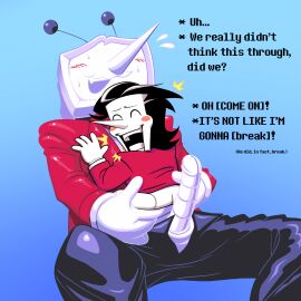 before_sex couple couple_(romantic) deltarune deltarune_chapter_2 deltarune_chapter_3 holding male male_only nervous_smile size_difference spamtenna spamton_g_spamton tenna_(deltarune) wholesome