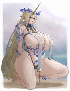 1girls bare_shoulders barefoot beach black_panties blonde_hair blue_eyes blue_hair breast_curtains breasts cleavage collar crown crown_of_thorns fleurdelys_(wuthering_waves) gigantic_breasts highleg highleg_panties horn nail_polish pointy_ears revealing_clothes sand seaside sitting solo solo_female straps sven_corvus sweat taller_female two-tone_hair underwear very_long_hair water wuthering_waves