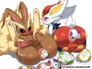 2boys anthro anus balls blush bunny_ears cinderace cum egg egg_laying female femboy furry hanuvo lagomorph lopunny male nipples paws penis pokemon pokemon_(species) pokémon_(species)