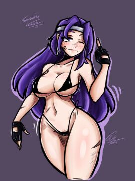 1girls ass big_ass big_breasts big_thighs bikini black_bikini blush breasts cameltoe closed_eye curvy curvy_female curvy_figure el_diario_de_jonathan female female_only gloves headband light_smile long_hair petina petoart purple_eyes purple_hair pussy samantha_cortez scar scars_all_over solo solo_female standing thick thick_legs thick_thighs thighs