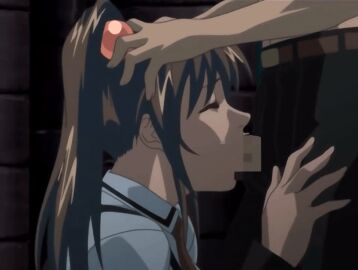 00s 1boy 2006 animated bible_black bible_black_only breasts brown_hair censored closed_eyes fellatio female forced_fellatio hair_ornament imari_kurumi large_breasts lowres male oral penis ponytail school_uniform side_ponytail solo_focus straight tagme