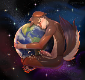 2024 anthro anthro_only ass blush blush_lines bodily_fluids canid canine canis claws closed_eyes cosmos cum cum_on_ground digital_media_(artwork) earth feet femboy foreskin fur genital_fluids genitals girly hair hi_res holding_object in_space macro male mammal nude paws peaceful penis planet scarlet_side sky solo space star tail toes uncircumcised