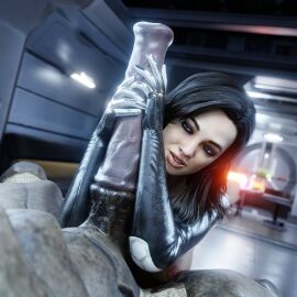 1boy 1girls 3d alien black_hair equine_penis erection female horsecock horsecock_on_humanoid huge_cock krogan light-skinned_female light_skin male mass_effect miranda_lawson penis stephanie23 unseen_male_face