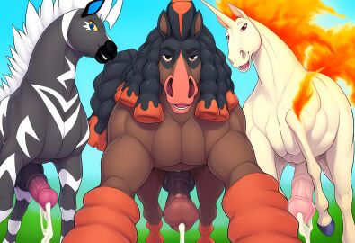 3boys ai_generated cum equine_penis feral male_only mudsdale nintendo novelai pokemon pokemon_(species) rapidash self_upload weedvee420 zebstrika