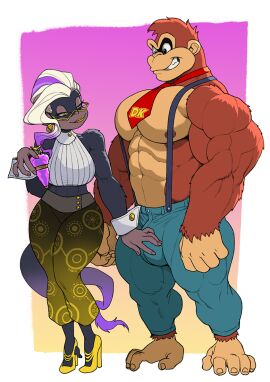 abs anthro ape ass athletic athletic_anthro athletic_female biceps big_ass big_breasts big_bulge big_butt big_muscles bottomwear breasts bulge clothed clothing crop_top cuffs_(clothing) donkey_kong donkey_kong_(character) donkey_kong_(dkbananza) donkey_kong_(series) donkey_kong_bananza donkey_kong_in_overalls duo ear_piercing ear_ring eyewear female footwear genitals glasses golden_lipstick gorilla hand_feet haplorhine high_heels huge_muscles hyper hyper_muscles kong larger_male lipstick makeup male male/female mammal mascara monkey muscles muscular muscular_anthro muscular_male necktie neckwear nintendo nipples overalls pants pecs pectorals penis perfume_bottle piercing pokkuti poppy_kong primate ring_piercing shirt shoes size_difference smaller_female smile suspenders thick_thighs tie tight_bottomwear tight_clothing tight_pants topless topless_anthro topless_male topwear touching_bulge touching_penis wearing_glasses wide_hipped_anthro wide_hipped_female wide_hips