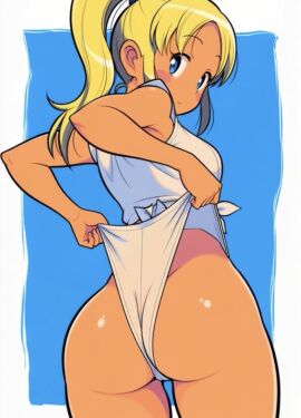 blonde-haired_female blonde_female blonde_hair blonde_hair_female booty booty_calls lewd long_hair looking_at_viewer looking_back panty_pull self sexy tan_body tan_skin thick_thighs thong wedgie wedgied_female