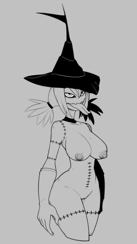 big_breasts breasts completely_nude female forked_tongue gay gloves hips kiduna_doll_(merafume) looking_up mercurialmorose monochrome nipples nude nude_female pussy solo solo_focus standing stitches tag_for_blocking thick_thighs thighs tongue tongue_out wide_hips witch_hat