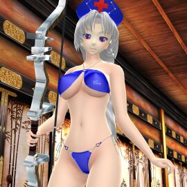 1girls 2024 3d belly_button bikini blue_bikini bow_(weapon) doctor eirin_yagokoro female hati_yukkuri_mmd holding_weapon imperishable_night indoors inside light-skinned_female light_skin long-haired_female looking_at_viewer lunarian midriff mmd nurse_cap pink_eyes solo_female solo_focus swimsuit touhou weapon white-haired_female