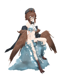 absurdres beret bird_legs blush bottomless brown_eyes brown_feathers brown_hair brown_wings clover_theater crop_top detached_sleeves eyewear_strap feathered_wings feathers female glasses harpy hat highres jacket monster_girl navel norris_(clover_theater) open_mouth pussy pussy_juice semi-rimless_eyewear shirt simple_background sitting sleeveless sleeveless_shirt slime_(creature) slime_sex solo talons user_gayc3272 vaginal_penetration white_background white_shirt winged_arms wings
