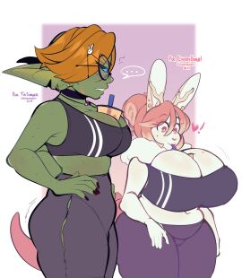 ... 2girls anthro between_breasts big_breasts black_sclera blue_eyes breast_envy breasts character_request chikkibug cleavage convenient_breasts drinking female female_only freckles glasses goblin goblin_female green_skin hands_on_hips heart hi_res huge_breasts lagomorph leporid long_ears mole mole_under_eye object_between_breasts orange_hair original original_character original_characters pointy_ears red_hair round_glasses sketch smile sportswear thick_thighs tied_hair