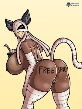 animal_humanoid anus armwear ass bandage big_ass big_breasts big_butt breasts brown_body brown_skin brush cat_humanoid clothing elbow_gloves felid felid_humanoid feline feline_humanoid female fours_(artist) genitals gloves handwear hi_res humanoid legwear mammal mammal_humanoid mummy n'cathe nipples paintbrush pussy sharp_teeth solo teeth thigh_highs undead