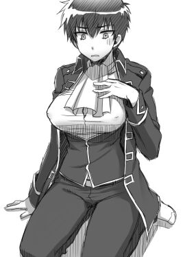 breasts confusion female female_only full_body fully_clothed gender_transformation genderswap genderswap_(mtf) gintama hijikata_toshiro inukkoro looking_at_breasts looking_down medium_breasts monochrome nervous nipple_bulge no_bra police_officer police_uniform rule_63 shinsengumi_(gintama) short_hair sitting solo straining_buttons tight_clothing transformation very_short_hair
