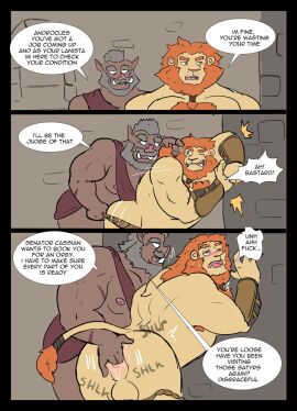 against_surface against_wall anal anal_fingering anthro anus backsack balls ballsack blush body_hair chest_hair clothing comic duo english_text felid fingering genitals gladiator hi_res hickeybickeyboo lion looking_pleasured male male/male mammal moan muscular muscular_anthro muscular_male pantherine pecs suid suina sus_(pig) text toga warrior wild_boar