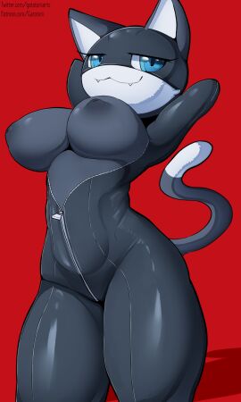 1girls 2021 2021s 3:5 absurd_res absurdres anthro anthro_only anthrofied areola areolae arms_behind_head atlus bedroom_eyes big_breasts black_body black_fur blue_eyes breasts domestic_cat exposed_breasts eyelashes fangs felid feline felis female female_focus female_only front_view fur furry furry_female gatotorii genderswap genderswap_(mtf) hi_res inverted_nipples mammal markings mask megami_tensei megami_tensei_persona morgana_(persona) mtf_crossgender narrowed_eyes nipples persona persona_5 red_background rule_63 seductive sega simple_background solo tail tail_markings teeth thick_thighs thighs tuxedo_cat two-tone_body two-tone_fur white_body white_fur wide_hips zipper_pull_tab