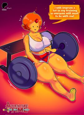 1girls adventure_time ass_visible_through_thighs big_penis breasts cleavage clothed female female_only fire flame_hair flame_princess francyart34 large_breasts male nipple_bulge orange_body orange_skin penis ponytail red_hair shorts solo solo_female solo_focus text text_bubble thick_thighs thighs weightlifting weights wide_hips workout_clothes