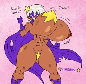 1girls abs bouncing_breasts breasts cape dark-skinned_female dark_skin dialogue english_text female female_only grey_hair huge_breasts jiggling_breasts legwear mask masked masked_female megabippy nipples original original_character pasties rachel_juggs_(megabippy) short_hair starbust_(megabippy) superheroine tagme thick_thighs upper_body