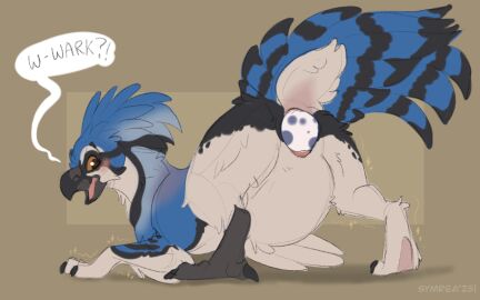 ambiguous_gender animal_genitalia avian beak big_belly bird blue_body cloaca egg egg_from_vagina egg_laying feathered_wings feathers female feral genitals mid-transformation open_mouth pussy solo symrea tail tail_feathers transformation wings