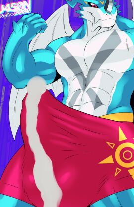 animated anthro bandai_namco bara bodily_fluids bulge clothing cum cuming cumshot digimon digimon_(species) dragon ejaculation exveemon flexing genital_fluids hi_res j450n2080 male male_only muscular mythological_creature mythological_scalie mythology scalie showoff solo throb underwear yaoi