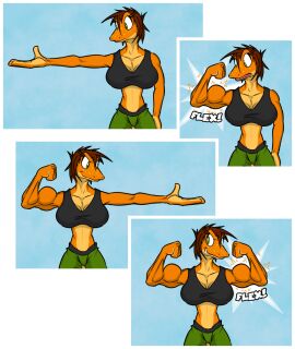 biceps breasts brown_hair female green_eyes hair mctaylis muscle_growth muscles muscular muscular_arms muscular_female tail