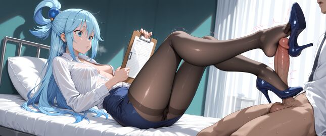 absurdres ai_generated amazing_quality aqua_(konosuba) balls best_quality black_pantyhose blue_eyes blue_hair business_suit clothed_sex examination_table female footjob footjob_with_legwear from_side full_body heeljob high_heels konosuba laying_down long_hair looking_at_another masterpiece medical_bed pencil_skirt ponytail shoejob small_breasts testicles twitching_penis unbuttoned_blouse veiny_penis very_aesthetic