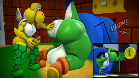 2021 3d absurd_res anthro ass balls big_ass big_balls big_butt blue_pipe blush brick clothing coin digital_media_(artwork) duo footwear genitals green_body green_clothing green_footwear green_koopa_troopa green_legwear green_shoes green_skin green_stockings green_yoshi hand_on_ass hand_on_butt hand_on_penis hi_res koopa koopa_troopa legwear looking_at_partner's_butt male male/male mario_(series) masturbation multiple_angles nintendo outdoors paratroopa pecs penis pipes scalie shell shirt shoes stockings stuck_in_pipe supeario super_mario_bros. tail teeth_showing text thick_thighs through_wall tongue tongue_out topwear white_body white_clothing white_shirt white_skin white_topwear wings yellow_body yellow_skin yoshi