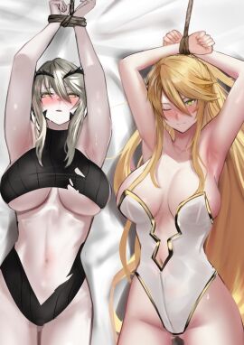 2girls armpits arms_above_head arms_bound arms_tied arms_tied_above_head arms_up artoria_pendragon artoria_pendragon_(fate) artoria_pendragon_(lancer) artoria_pendragon_(lancer)_(fate) artoria_pendragon_(lancer_alter) artoria_pendragon_(lancer_alter)_(fate) artoria_pendragon_(swimsuit_ruler) ass_visible_through_thighs bdsm bed bed_sheet big_breasts black_lingerie black_underwear blonde blonde_hair blush blushing blushing_profusely bondage bound bound_arms bound_hands bound_wrists breasts bunnysuit captured captured_heroine commentary_request commission crop_top crown defeated defeated_heroine fate/grand_order fate_(series) female female_focus female_human femsub fit fit_female gag gagged green_eyes grey_hair hair_between_eyes hair_ornament heavy_blush heavy_breathing helpless hi_res high_resolution highleg highleg_leotard highres humiliation imminent_sex impending_sex jikihatiman large_breasts laying_down laying_on_bed leotard long_hair looking_at_viewer lying_on_back lying_on_bed multiple_females multiple_girls navel nervous playboy_bunny powerless restrained restrained_arms restraints revealing_breasts revealing_clothes revealing_outfit revealing_swimsuit ripped_clothes ripped_clothing rope rope_bondage skeb_commission slave slave_girl strapless strapless_leotard submissive submissive_female sweater tagme thick_thighs thigh_gap thighs tied tied_arms tied_hands tied_up torn_bottomwear torn_clothes torn_clothing underwear very_long_hair white_hair white_leotard white_lingerie white_underwear worried worried_expression worried_face worried_look wrists_bound wrists_tied yellow_eyes