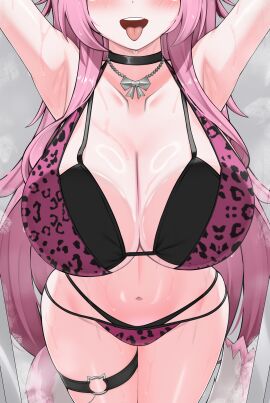 absurdres animal_print armpits bra breasts cat_tail choker cleavage collarbone eyes_out_of_frame female head_out_of_frame highres hololive hololive_english large_breasts leopard_print long_hair midriff navel nobarts pink_hair raora_panthera ring_light_reflection solo steam steaming_body sweat tail thigh_strap tongue tongue_out underwear virtual_youtuber