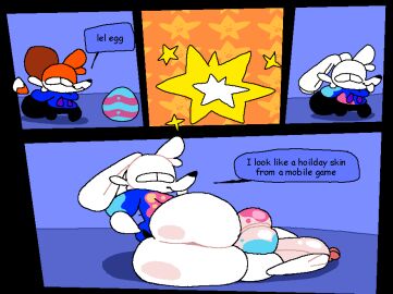 2024 alternate_species anthro ass balls big_ass big_butt big_penis black_bottomwear black_clothing black_eyes black_nose blue_balls blue_clothing blue_hoodie blue_topwear bottomless bottomwear brown_body brown_ears brown_fur buckteeth canid canine canis clothed clothing comic digital_media_(artwork) disembodied_tail easter egg english_text explosion femboy fox fur genitals hair half-closed_eyes holidays hoodie lagomorph leggings legwear leporid long_ears looking_back lying male mammal multicolored_balls multicolored_body multicolored_clothing multicolored_fur multicolored_hoodie multicolored_topwear narrowed_eyes on_side orange_body orange_fur orange_hair partially_clothed penis pink_balls pink_clothing pink_hoodie pink_topwear rabbit rear_view scut_tail short_tail side_view smile smug smug_face solo soups_(superiorfox) species_transformation speech_bubble superiorfox tail teeth text thick_thighs topwear transformation white_balls white_body white_ears white_fur white_hair