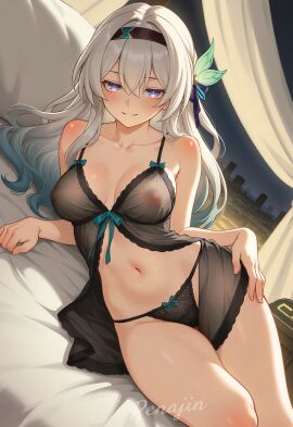 almost_naked bare_shoulders bed bedroom breasts curvy curvy_figure embarrassed female female_focus female_only firefly_(honkai:_star_rail) honkai:_star_rail legs long_hair midriff navel nipples panties renajin sexy thick_thighs thighs voluptuous voluptuous_female