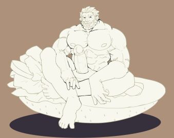 balls bara beard big_penis bighaozi boner erection facial_hair fate_(series) iskandar_(fate) male male_only monochrome muscles muscular nude penis sitting solo solo_male yaoi