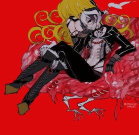 2girls alternate_costume ass black_and_white_hair black_eyes blonde_hair boots breasts cigarette cropped_jacket curly_hair female female_only full_body inner_sideboob long_hair looking_at_viewer lyza_(made_in_abyss) made_in_abyss mamaloni no_bra ozen red_background revealing_clothes scars short_hair sitting small_breasts smoking two-tone_hair very_long_hair very_short_hair whistle_around_neck yuri