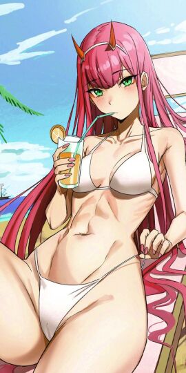 1girls beach darling_in_the_franxx female horns kiritzugu orange_juice pink_hair solo white_bikini zero_two_(darling_in_the_franxx)