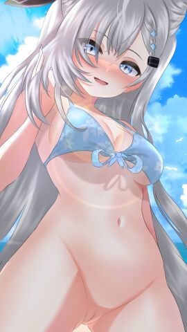 1girls bikini bikini_top bottomless female hololive hololive_indonesia hololive_indonesia_holoh3ro pussy rainy_(rain_eru) silver_hair vestia_zeta virtual_youtuber