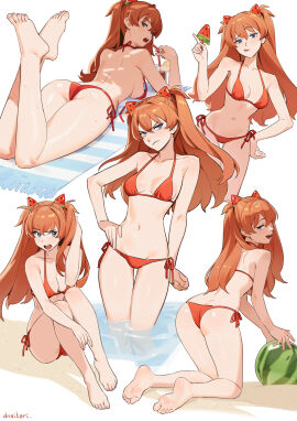 1girls ass ass_cleavage ass_crack asuka_langley_sohryu back bikini bikini_top bikini_top_undone blue_eyes blush bottomwear breasts butt_crack butt_crack_outline cleavage dnaitari drink feet feet_up female female_only full_body hair hair_ornament hand_on_hip high_school_student hips legs long_hair looking_back medium_breasts multiple_views neon_genesis_evangelion on_stomach orange_hair petite petite_body petite_breasts petite_female petite_tits popsicle red_bikini schoolgirl smile solo solo_female sweat sweatdrop swimwear teenage_female teenager thighs tongue tongue_out topwear watermelon young_female younger_female