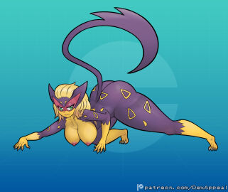 1girls all_fours ass big_breasts blonde_hair breasts cat_ears cat_girl cat_tail catgirl crawling crouching crouching_female dex_appeal feline feline_humanoid female fur generation_5_pokemon green_eyes liepard markings monster_girl multicolored_body nintendo nipples nude nude_female pokemon pokemon_(species) pokemorph purple_body purple_fur solo_female spots spotted_body spotted_fur tail yellow_body yellow_fur