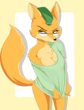 1girls 2021 2021s 2d 2d_(artwork) 2d_artwork anthro bottomless breasts canid canine canis cleavage clothed clothing countershading digital_media_(artwork) eyewear female female_focus female_only fox fox_ears fox_girl fox_tail fur furry furry_female glasses half-closed_eyes hat headgear headwear hi_res lt._fox_vixen mammal military_headwear military_uniform narrowed_eyes orange_eyes pulling_down_shirt sek_studio sek_studios shirt solo solo_female solo_focus squirrel_and_hedgehog standing tail tan_body tan_fur yellow_body yellow_fur zebra10045